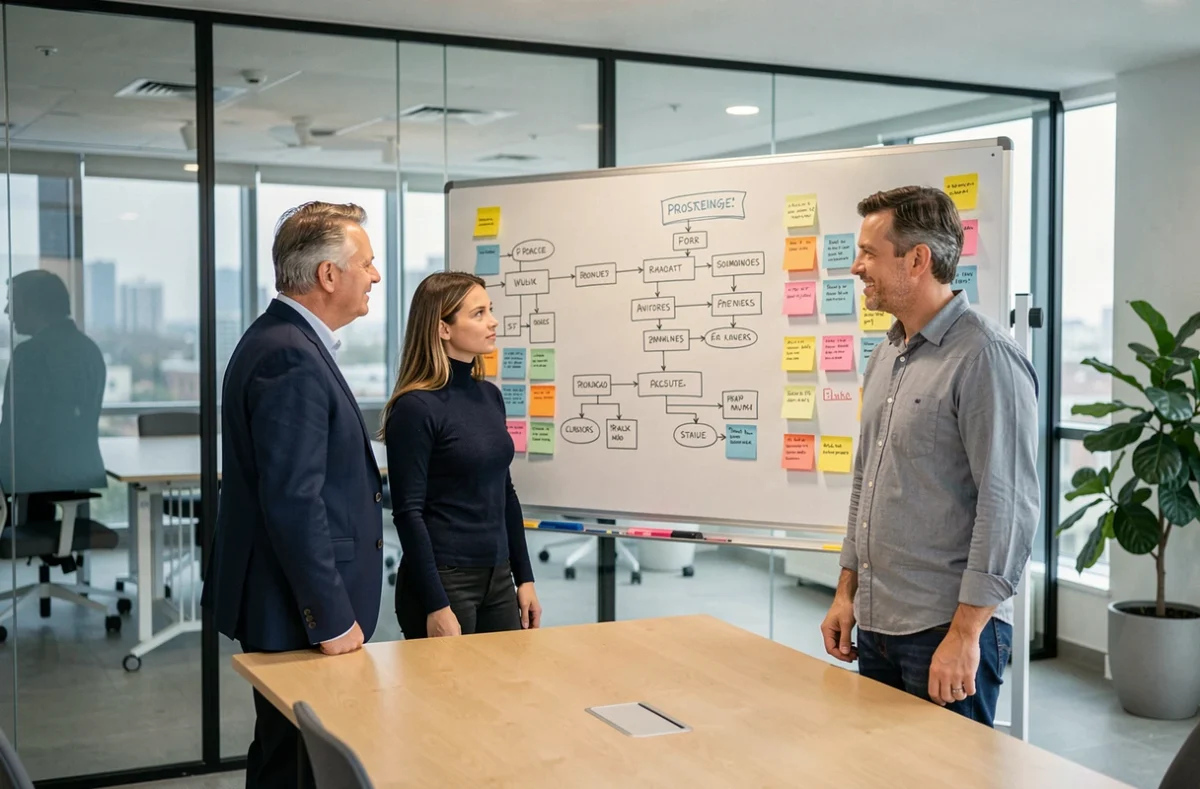 Équipe d'une agence digitale travaillant sur la méthodologie et le process de gestion de campagnes marketing lors d'une réunion stratégique