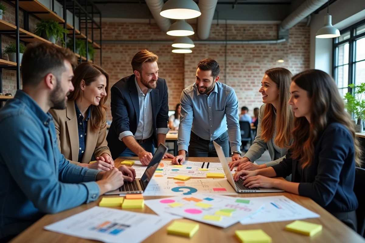 Équipe pluridisciplinaire d'une ETI travaillant en atelier collaboratif sur un projet de transformation organisationnelle