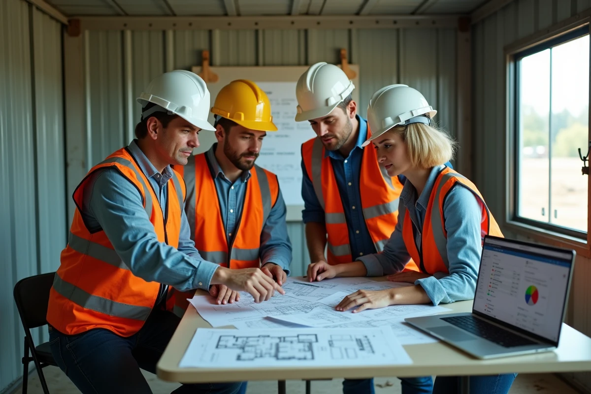 Équipe BTP en réunion de chantier autour d'un logiciel de gestion pour coordonner planning, qualité et budget