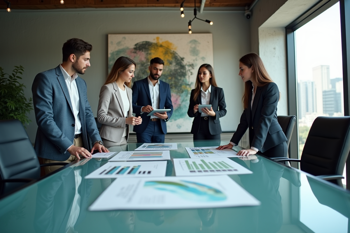 Groupe de jeunes professionnels discutant finance durable