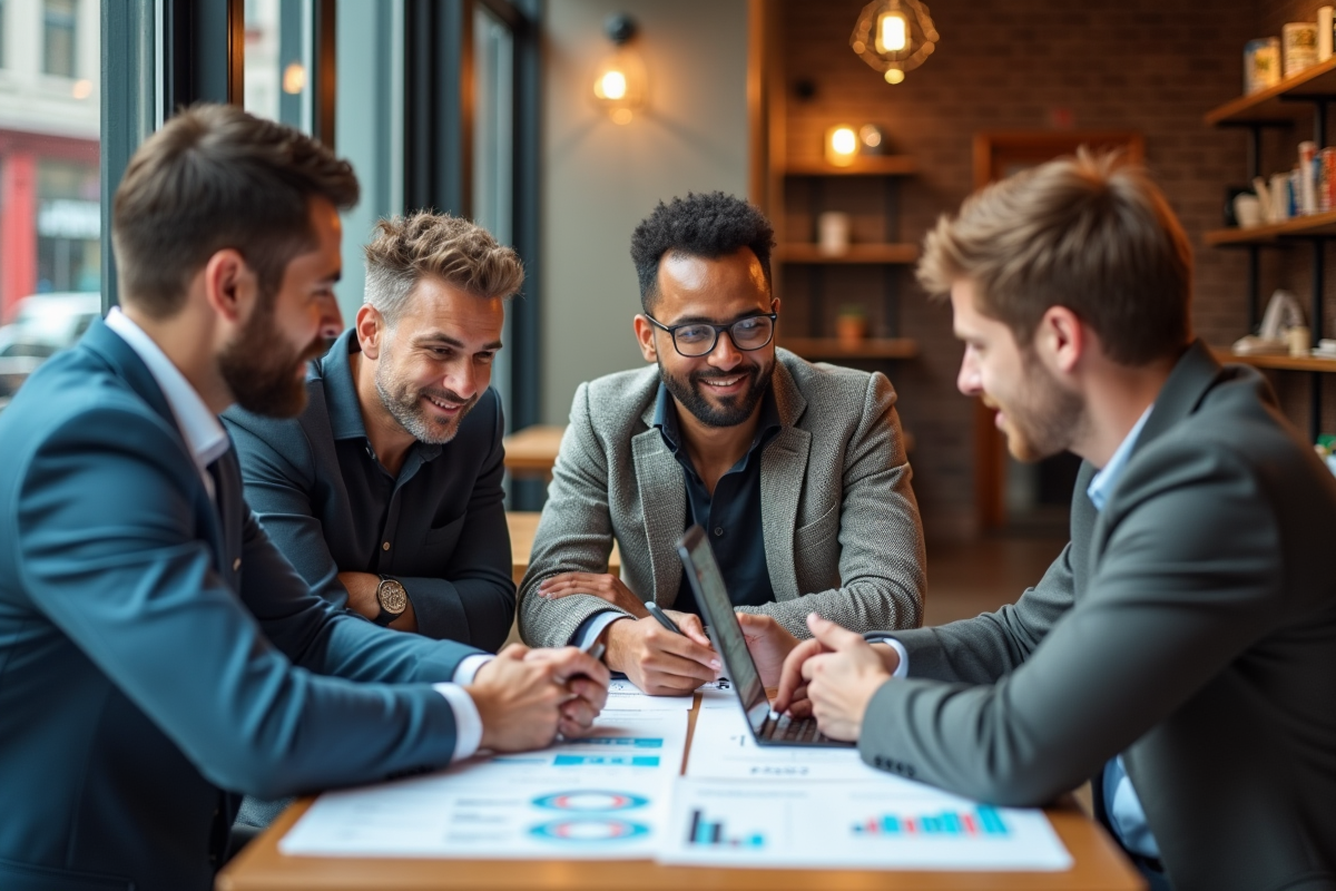 Groupe de marketeurs discutant dans un café animé