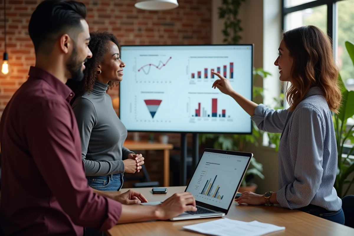 Équipe marketing analysant ensemble les performances des stratégies push et pull avec graphiques de conversion et indicateurs ROI affichés