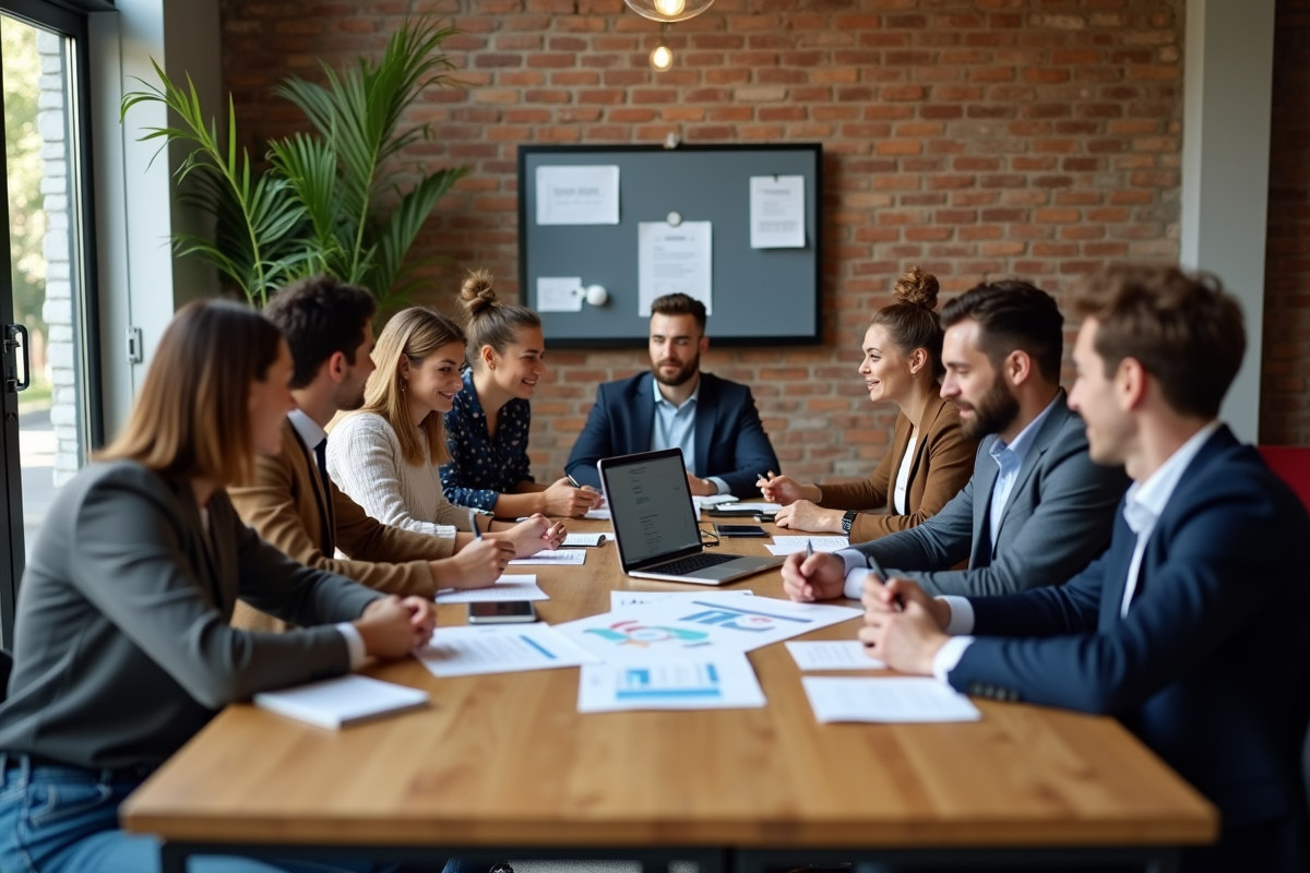 Groupe de jeunes professionnels discutant d une strategie marketing