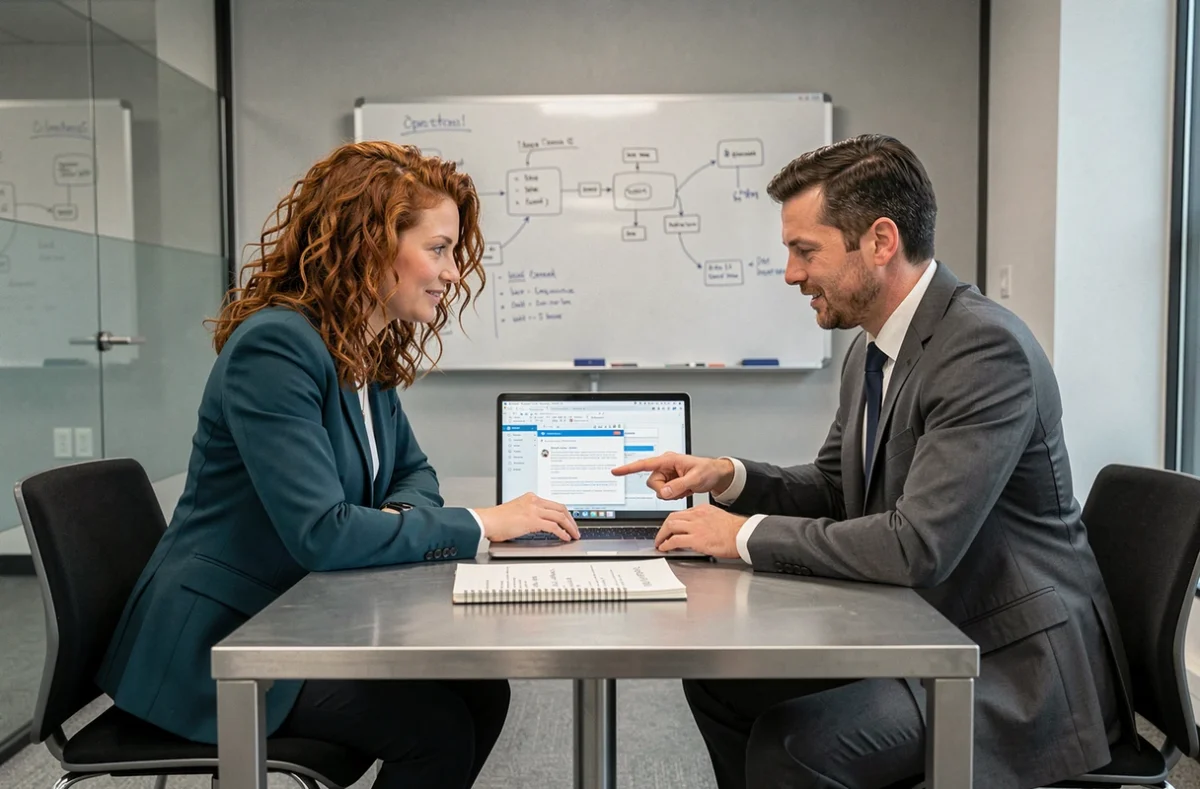 Deux professionnels des ressources humaines collaborant pour résoudre une panne de connexion au logiciel HR4YOU en salle de réunion