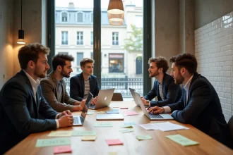 Équipe de jeunes entrepreneurs d'une startup French Tech collaborant autour d'une table dans un espace de coworking parisien moderne