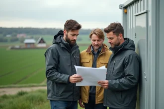 Trois ingénieurs en extérieur avec centrale modulaire solaire