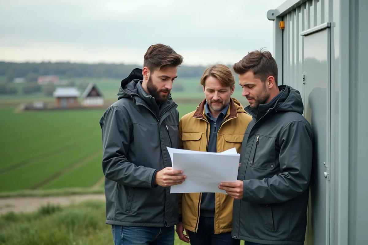 Trois ingénieurs en extérieur avec centrale modulaire solaire