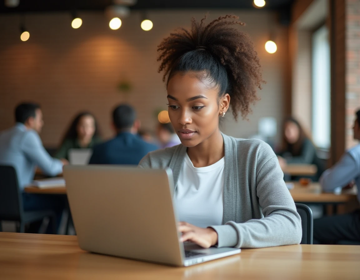 Jeune femme suivant les étapes d'activation de MyPeopleDoc sur un ordinateur portable en espace de coworking