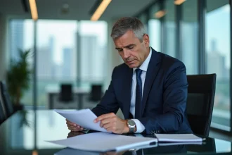 Homme d'affaires en costume navy dans un bureau moderne