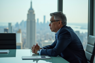 Homme d'affaires en costume navy dans un bureau moderne