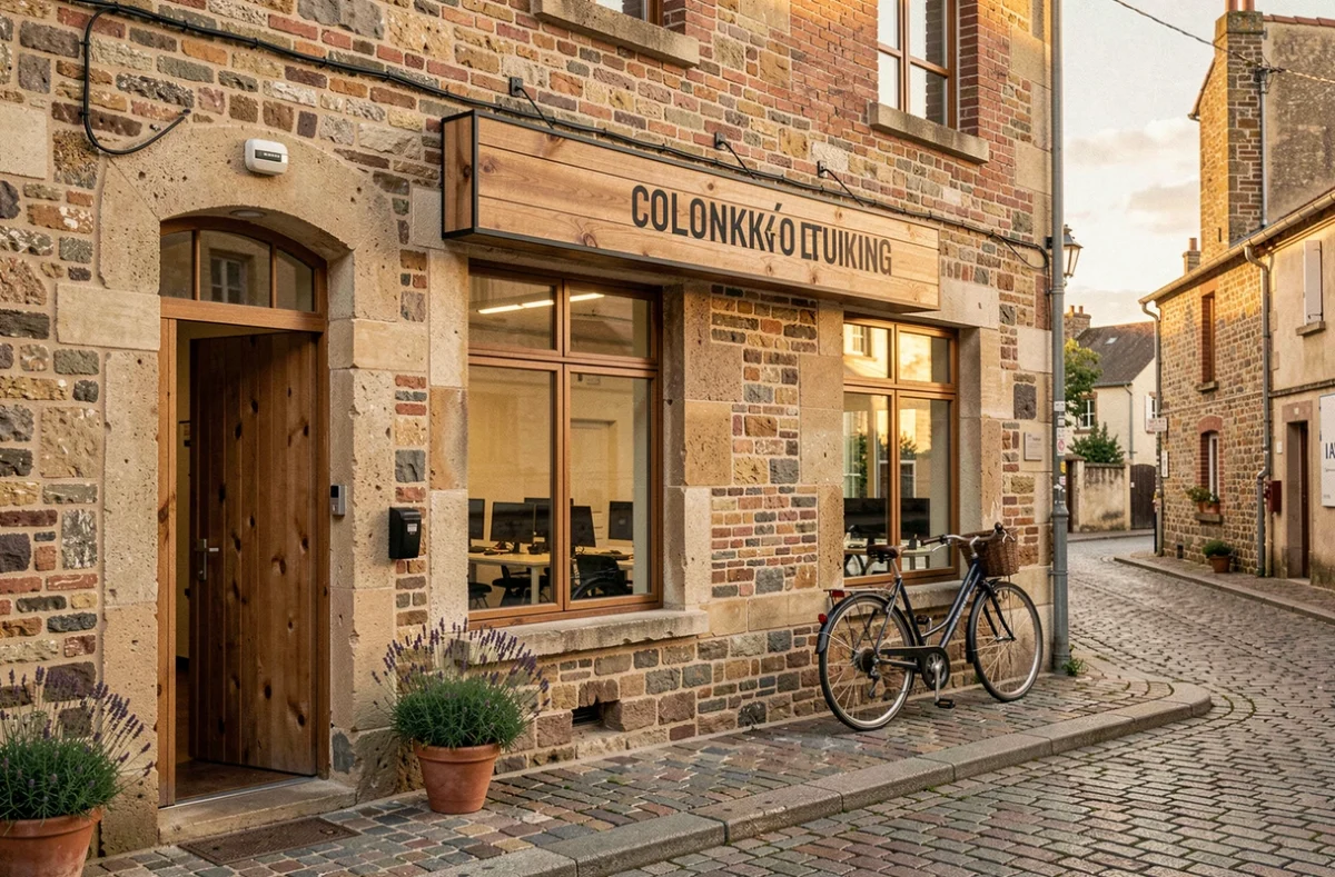 Façade extérieure d'un espace de coworking dans une rue de Villeneuve-sur-Lot avec vélo et vitrines