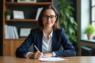 Femme d'affaires signant un document dans un bureau élégant