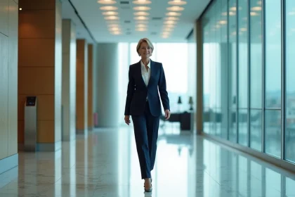 Femme d'affaires dans un hall moderne de gratte-ciel