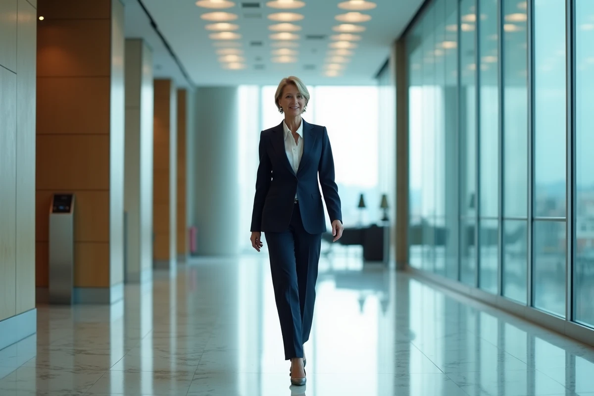 Femme d'affaires dans un hall moderne de gratte-ciel