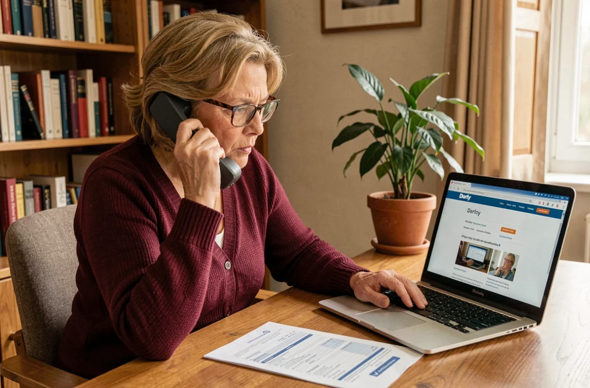 Femme senior contactant le service consommateur Darty par téléphone avec une facture et un ordinateur portable devant elle