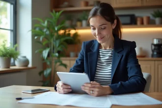 Femme professionnelle consulte documents bancaires et tablette