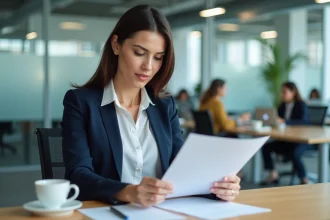 Femme professionnelle relisant une demande de rupture conventionnelle à son bureau en open space