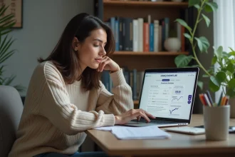 Femme d'affaires dans un bureau cosy analysant des donn&eacute;es
