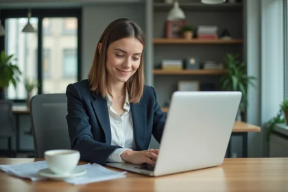 Jeune femme d affaires remplissant des formulaires sur un ordinateur
