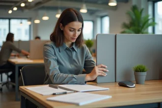 Jeune femme professionnelle arrangeant des diviseurs de bureau modernes