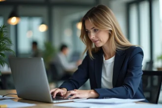Femme cadre en réflexion devant son ordinateur dans un bureau moderne, illustrant la prise de conscience liée au principe de Peters