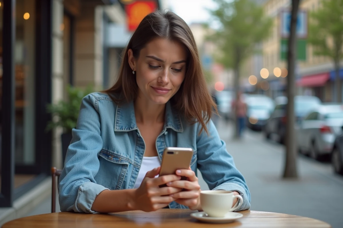 Jeune femme au café regardant son smartphone avec scepticisme