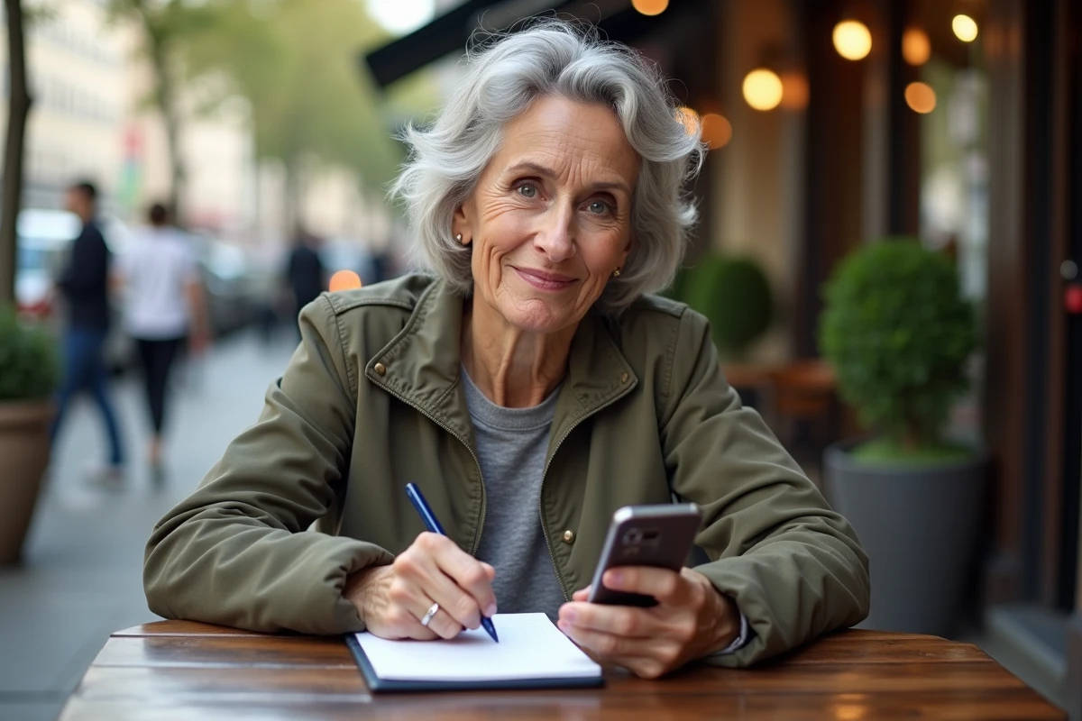 Femme assise au café prenant des notes avec smartphone
