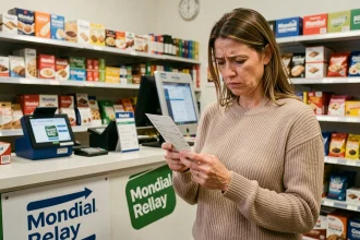 Femme inquiète tenant un avis de passage dans un point relais Mondial Relay en consultant son téléphone