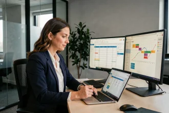 Femme professionnelle comparant un logiciel de gestion de projets et Excel sur deux écrans dans un bureau moderne