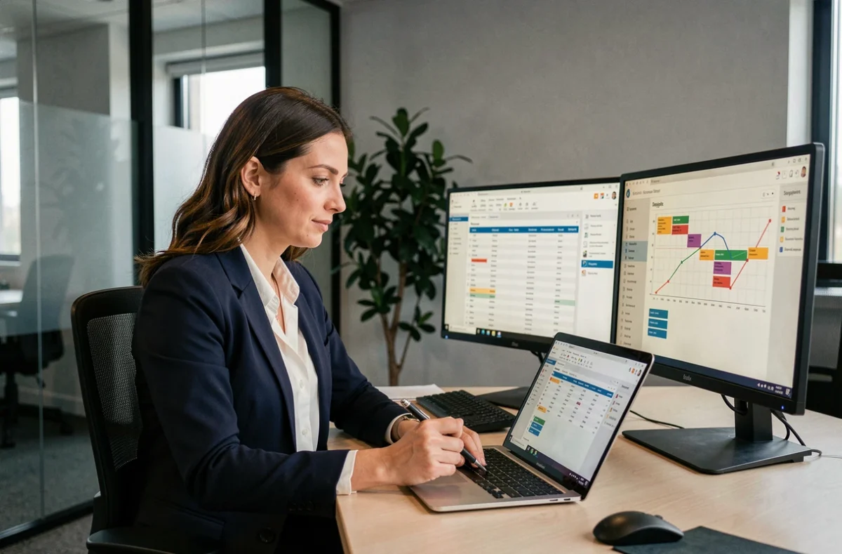 Femme professionnelle comparant un logiciel de gestion de projets et Excel sur deux écrans dans un bureau moderne