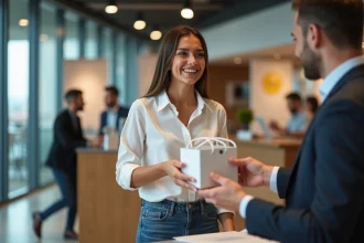 Jeune femme acceptant un tote bag lors d'une conférence