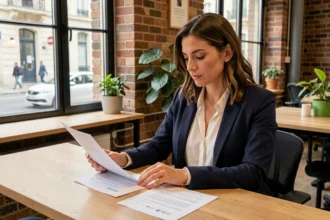 Femme consultante en portage salarial signant un contrat dans un espace de coworking à Tours