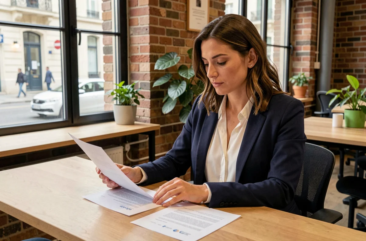 Femme consultante en portage salarial signant un contrat dans un espace de coworking à Tours