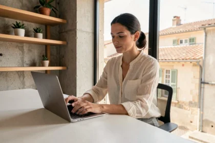 Femme travaillant sur un ordinateur portable dans un espace de coworking moderne à Castelnau-le-Lez avec vue sur les toits