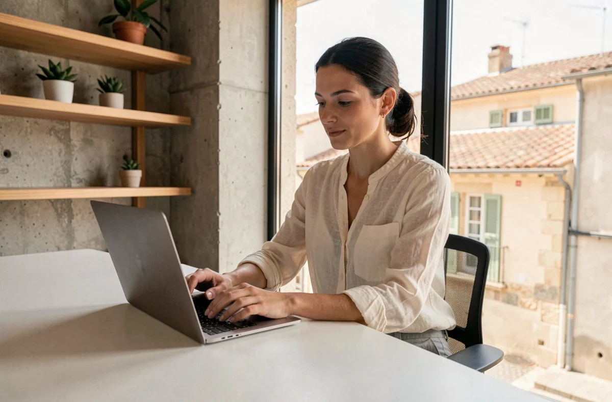Femme travaillant sur un ordinateur portable dans un espace de coworking moderne à Castelnau-le-Lez avec vue sur les toits