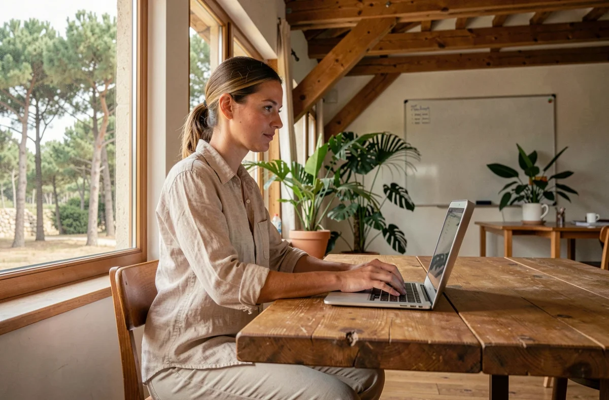 Femme travaillant dans un espace de coworking à Hossegor avec vue sur les pins des Landes