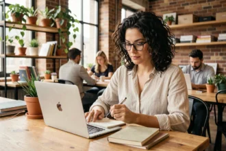 Femme travaillant dans un espace de coworking à Villeneuve-sur-Lot avec ordinateur portable et carnet de notes
