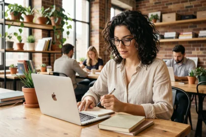 Femme travaillant dans un espace de coworking à Villeneuve-sur-Lot avec ordinateur portable et carnet de notes