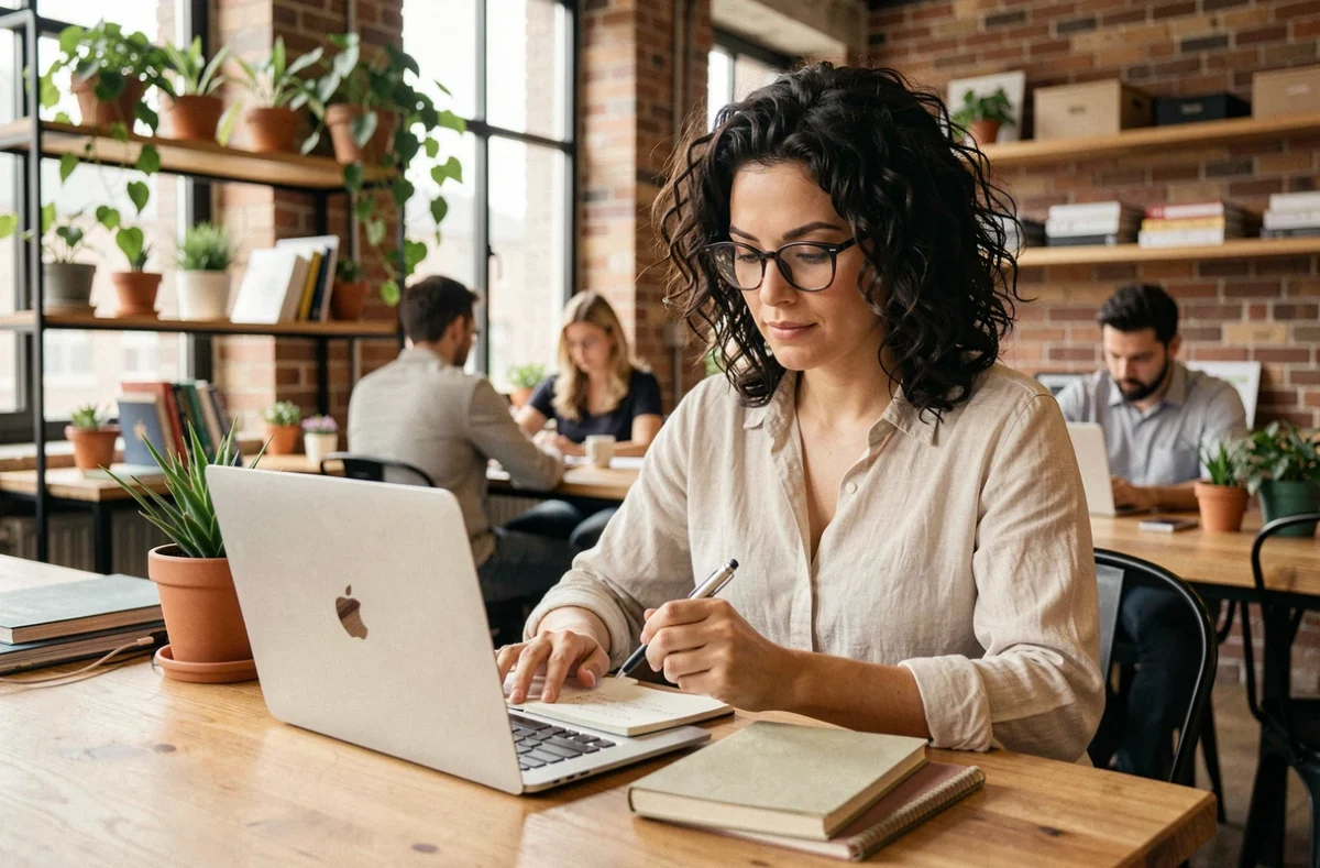 Femme travaillant dans un espace de coworking à Villeneuve-sur-Lot avec ordinateur portable et carnet de notes