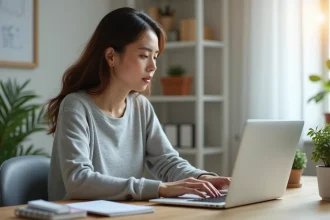 Femme débutante explorant une plateforme en ligne sur son ordinateur portable dans un bureau à domicile organisé