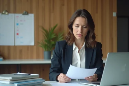 Femme en bureau tenant une lettre de demission