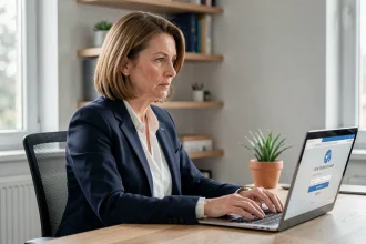 Femme utilisant un ordinateur portable sécurisé pour des démarches en ligne sensibles depuis son bureau à domicile