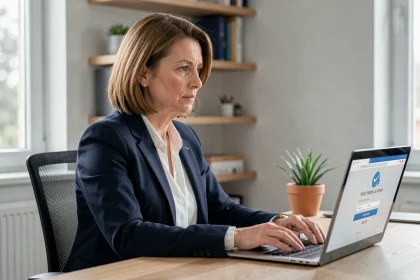 Femme utilisant un ordinateur portable sécurisé pour des démarches en ligne sensibles depuis son bureau à domicile