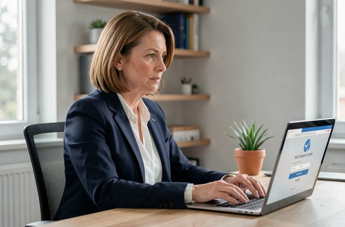 Femme utilisant un ordinateur portable sécurisé pour des démarches en ligne sensibles depuis son bureau à domicile