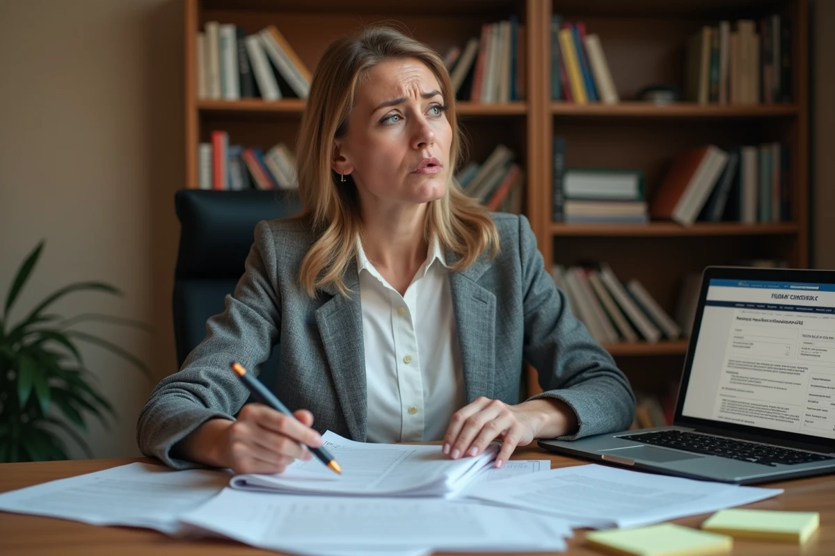 Femme de 40 ans perplexe devant des documents administratifs liés au CSP et à un projet de formation longue
