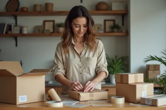 Femme travaillant à domicile en emballant des colis sur une table en bois avec du papier kraft et du ruban adhésif