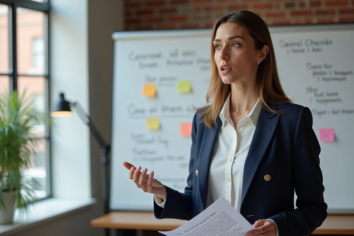 Femme entrepreneur préparant son pitch devant un tableau blanc dans un espace de coworking moderne