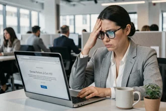 Femme frustrée devant un ordinateur portable affichant une erreur de connexion sur le logiciel HR4YOU au bureau