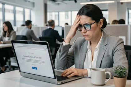 Femme frustrée devant un ordinateur portable affichant une erreur de connexion sur le logiciel HR4YOU au bureau