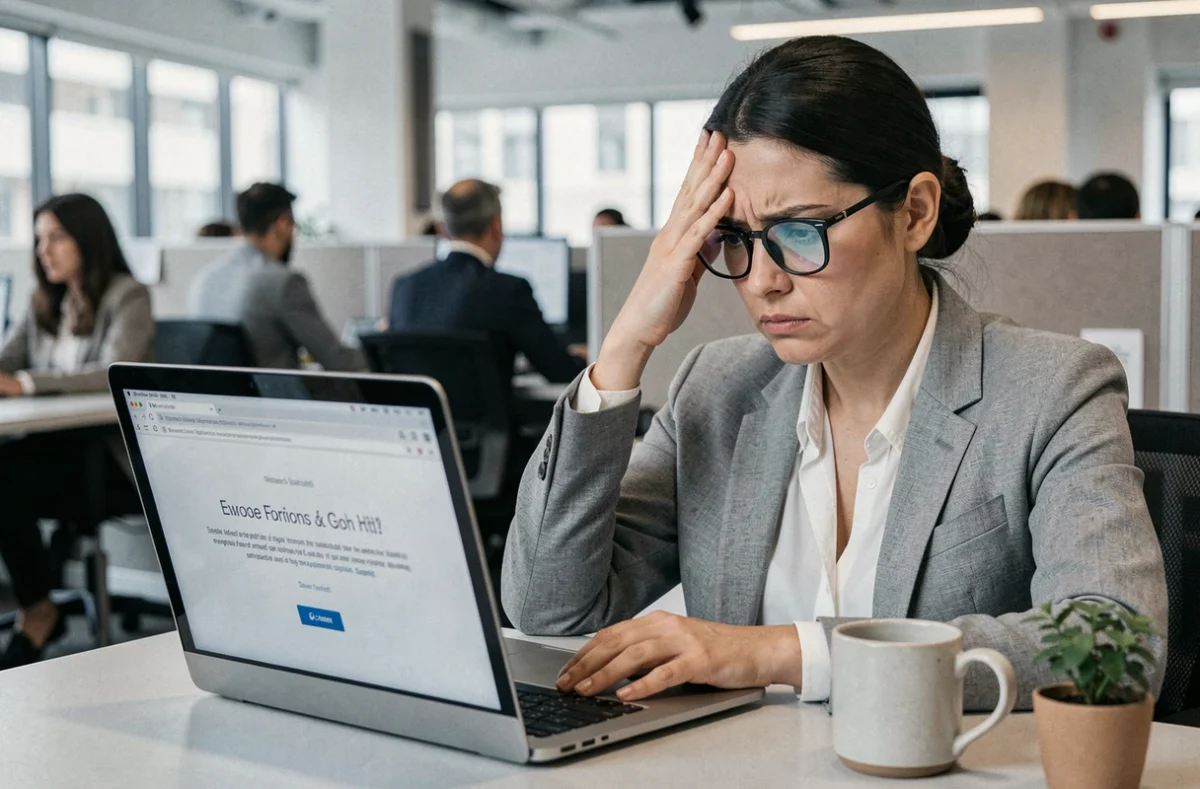 Femme frustrée devant un ordinateur portable affichant une erreur de connexion sur le logiciel HR4YOU au bureau